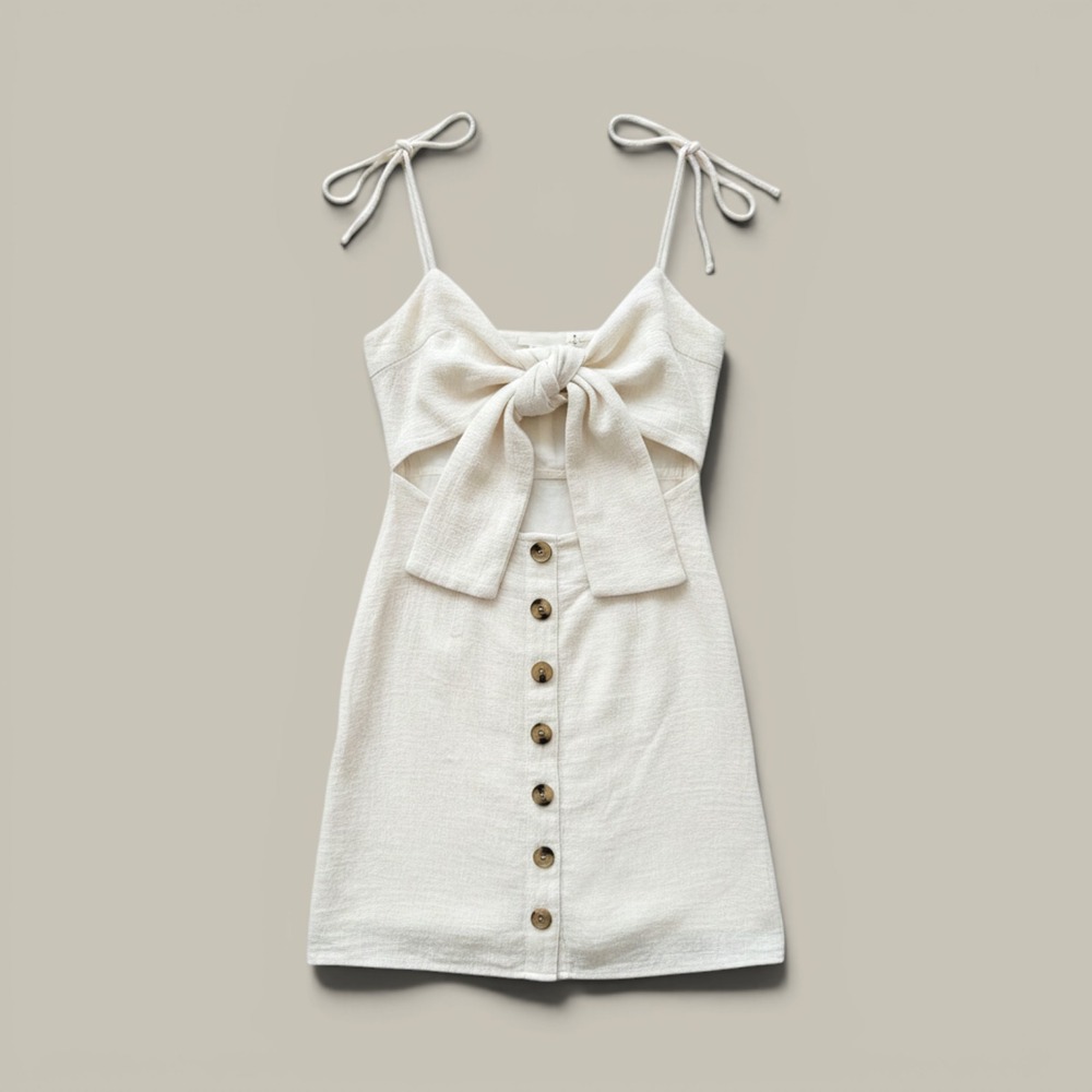 Sabo Skirt Cream 100% Cotton Tie Front Cut Out Mini Dress XS Sweetheart Neckline
